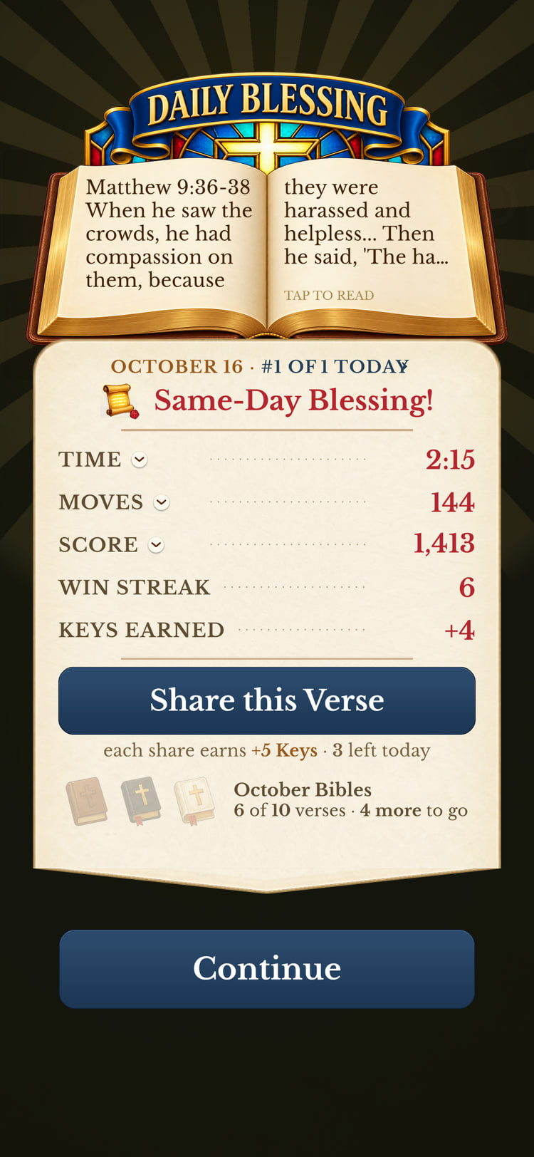 A completed Daily Blessing with its Bible verse, Share this Verse button, and monthly Bible progress.